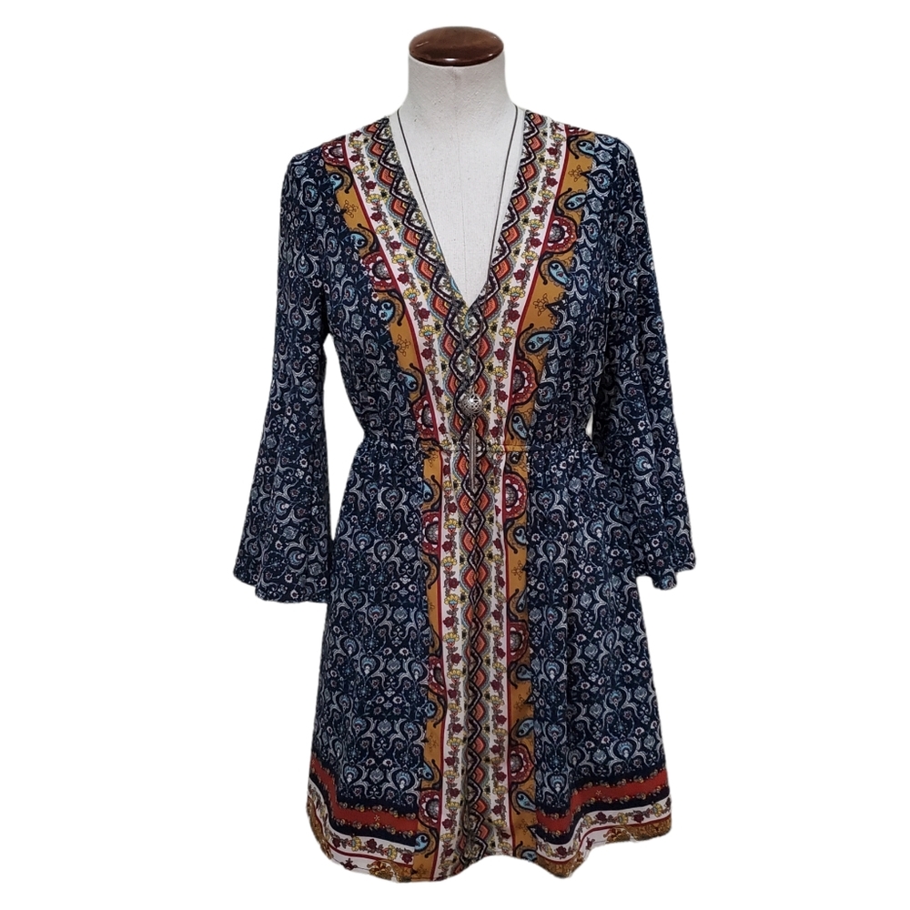 Miin Boho Floral Border Print Bell Sleeve V-Neck Dress Navy Multi S